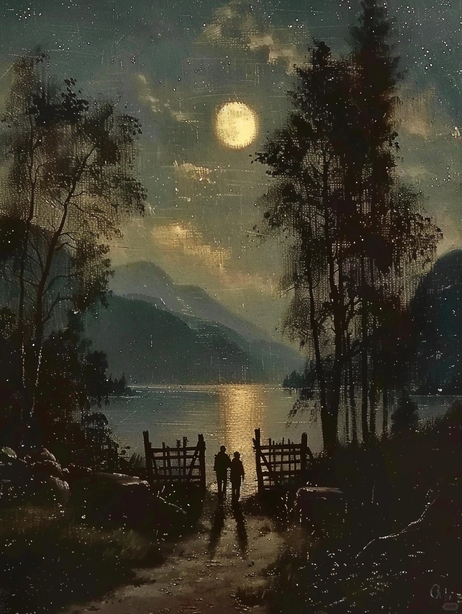 月夜下两个人走向湖边的油画