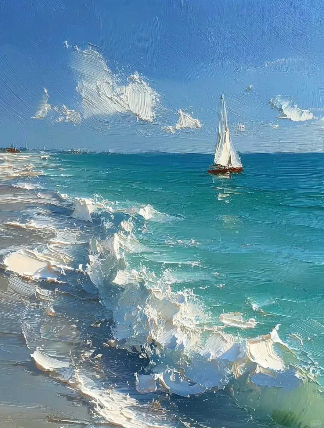 蓝色海面与白色帆船的厚涂油画